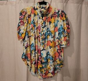 Anthropologie Multicolor Abstract Floral Puff-Sleeve Blouse
